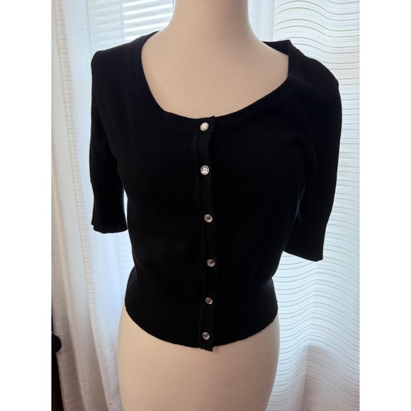 Heart N Crush Sweaters - Heart N Crush Black Short Sleeve Cardigan Rhinestone Button Crop Sweater Medium